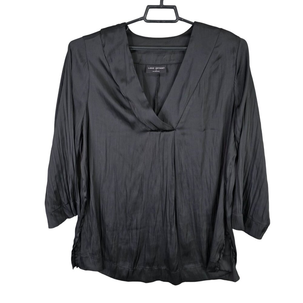 Womens Lane Bryant Black Blouse V-Neck 3/4 Sleeve 100% Polyester Size 18